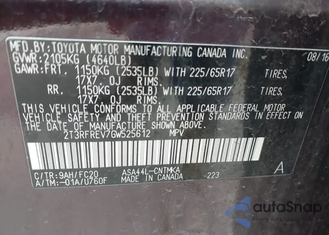 2016 Toyota Rav4 Xle из США, поврежденный, VIN 2T3RFREV7GW525612